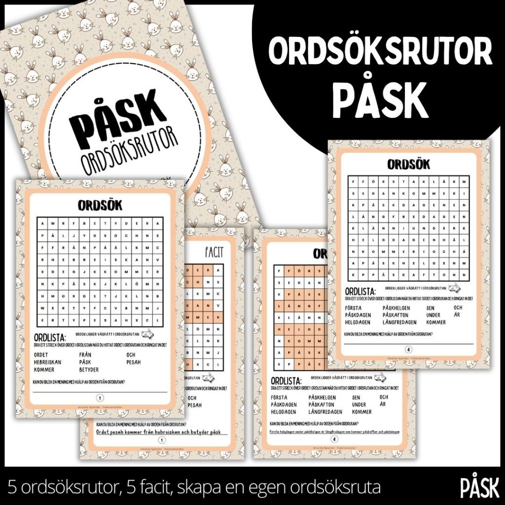 Ordsöksrutor – påsktema – arbetshäfte på 10 sidor