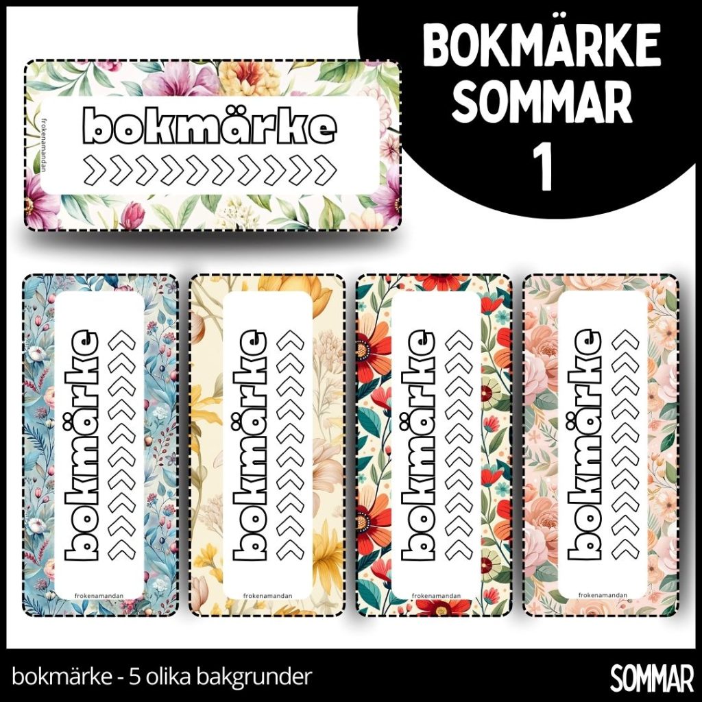 Bokmärke – sommar 1 – 5 olika mönster