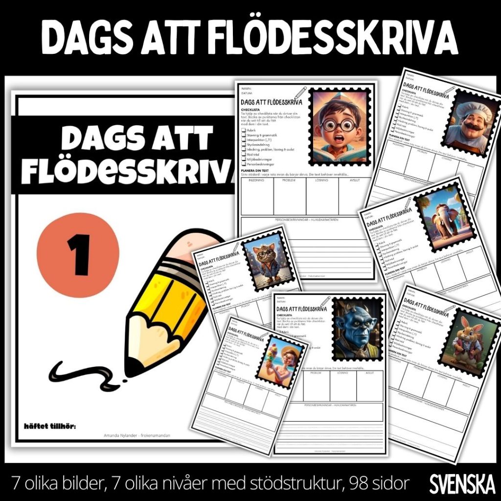 Dags att flödesskriva – 1 – 7 olika nivåer, 7 olika illustrationer, 98 sidor