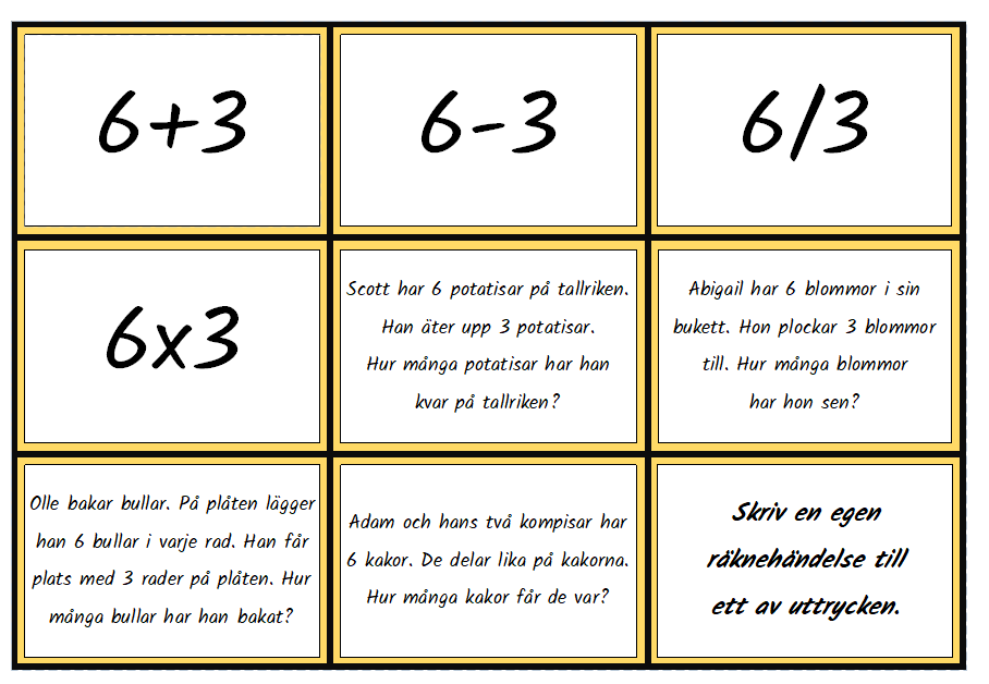 De fyra räknesätten - para ihop uttryck med rätt räknehändelse
