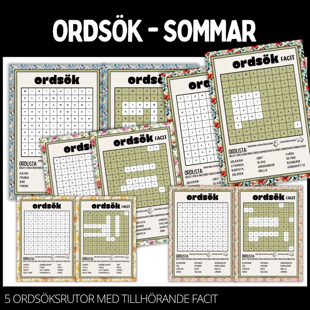 Ordgömmor – enkel – 5 st med facit – sommar – 1