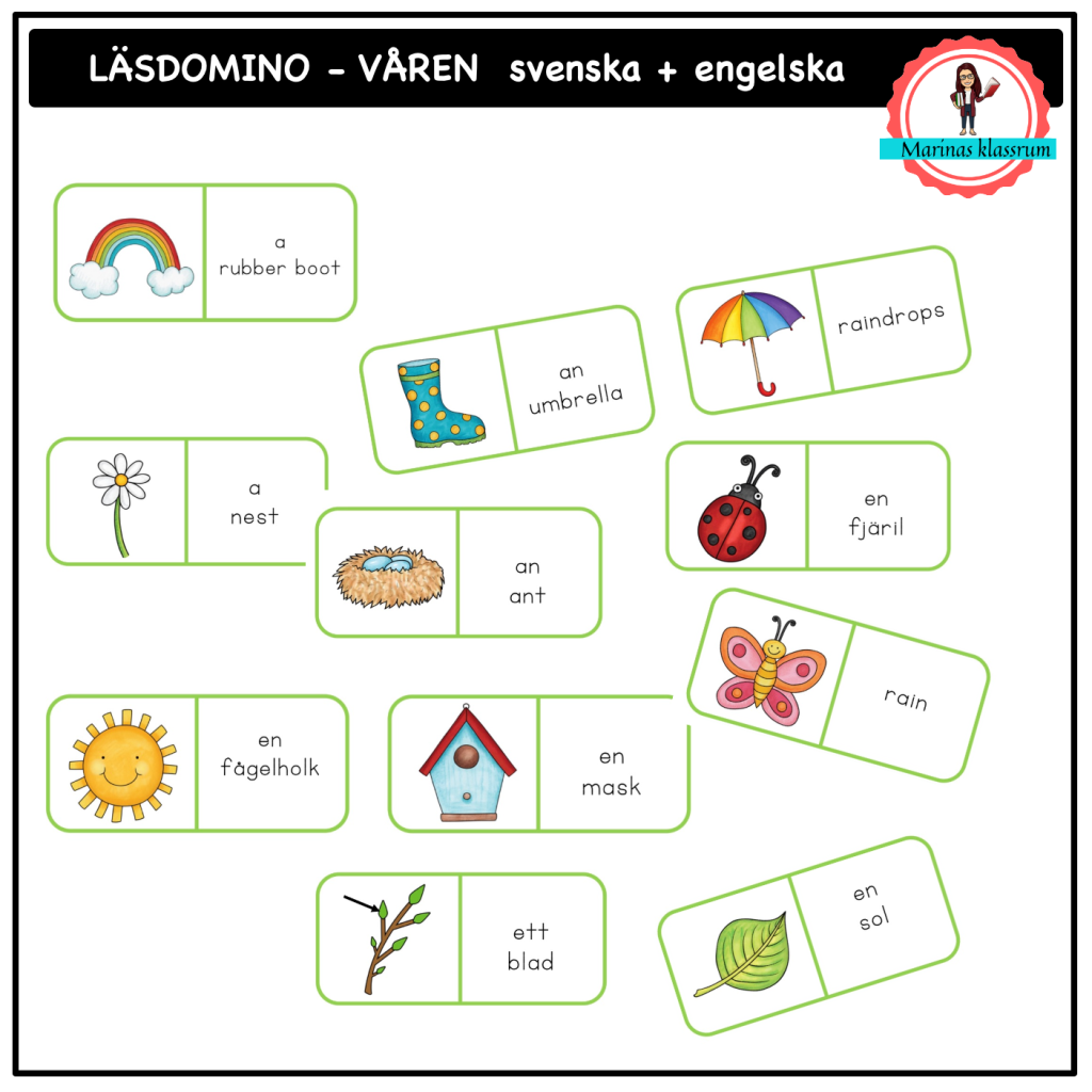 Läsdomino – våren – svenska + engelska