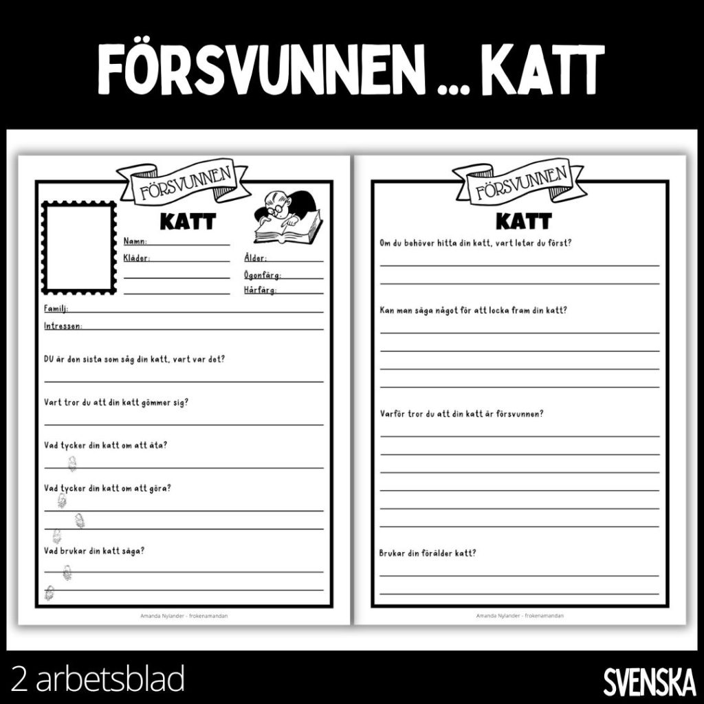 Försvunnen… katt – 2 arbetsblad