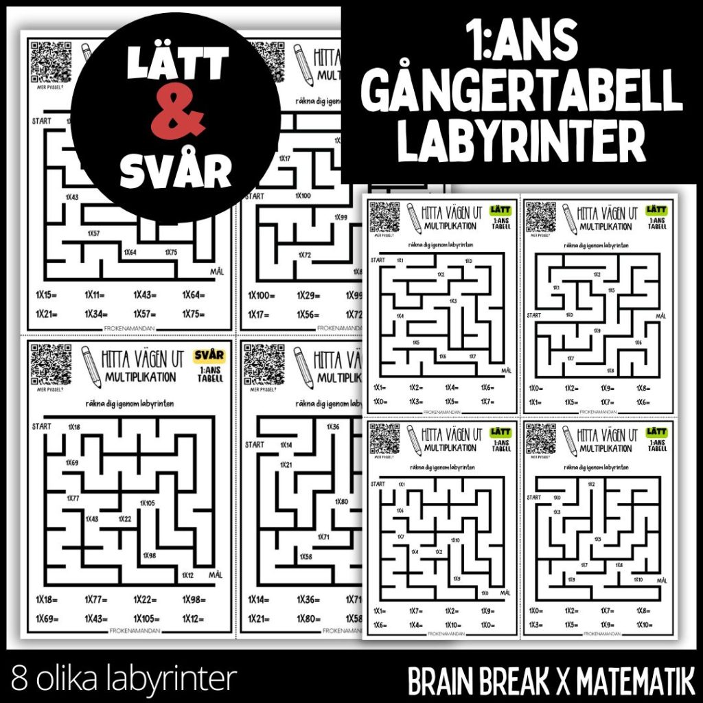 1:ans gångertabell – labyrinter – brain breaks – matematik