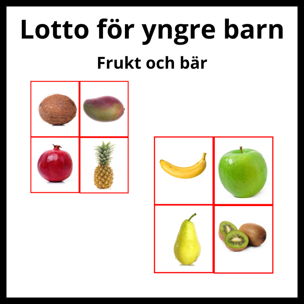 Lotto för yngre barn, frukter och bär.