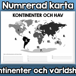 Numrerad karta - Kontinenterna och världshaven