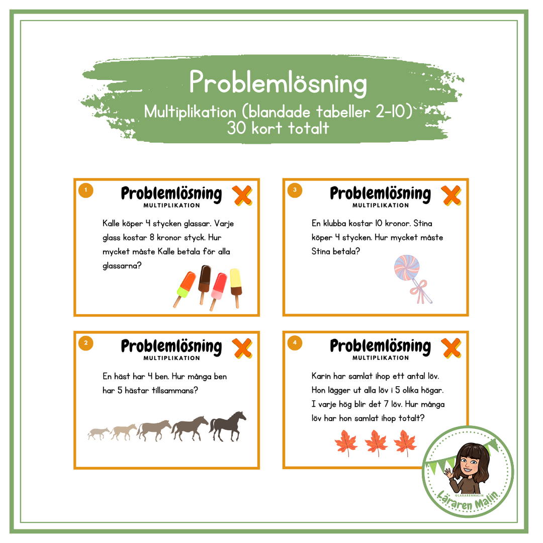 Problemlösning multiplikation (tabeller 2-10).