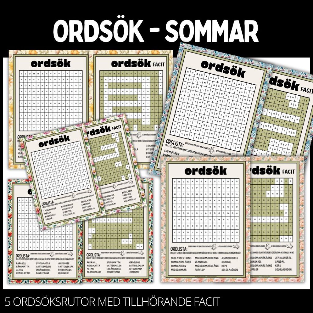 Ordgömmor – svår – 5 st med facit – sommar – 1