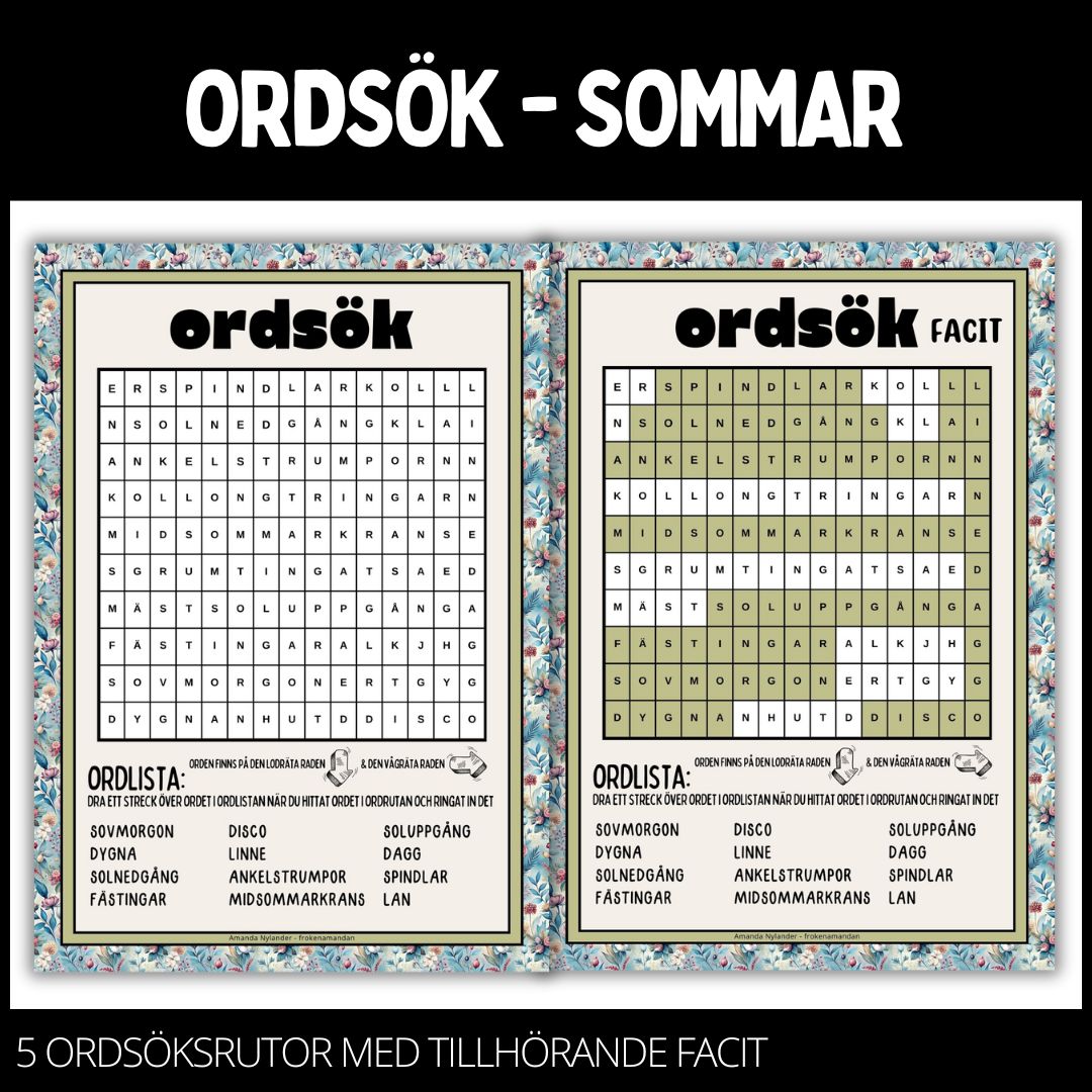 Ordgömmor – svår - 5 st med facit – sommar – 1