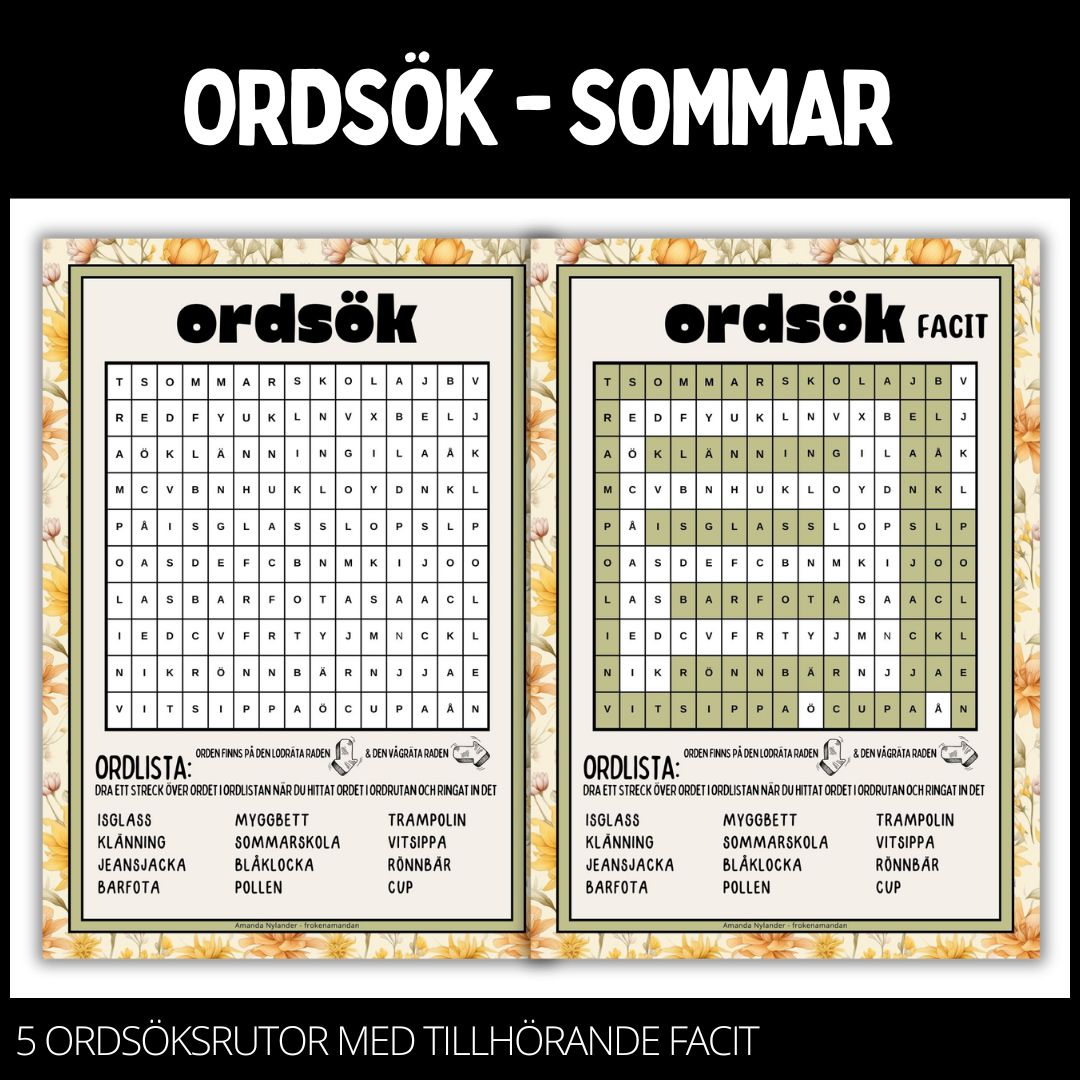 Ordgömmor – svår - 5 st med facit – sommar – 1