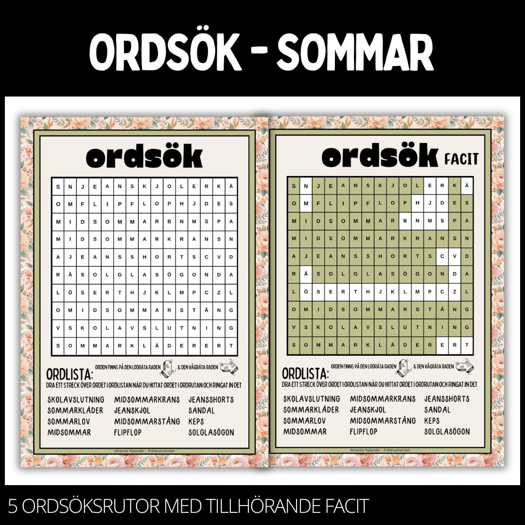 Ordgömmor – svår - 5 st med facit – sommar – 1