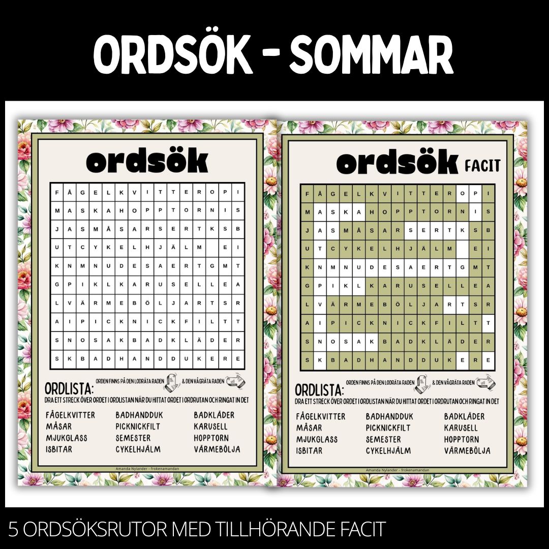 Ordgömmor – svår - 5 st med facit – sommar – 1