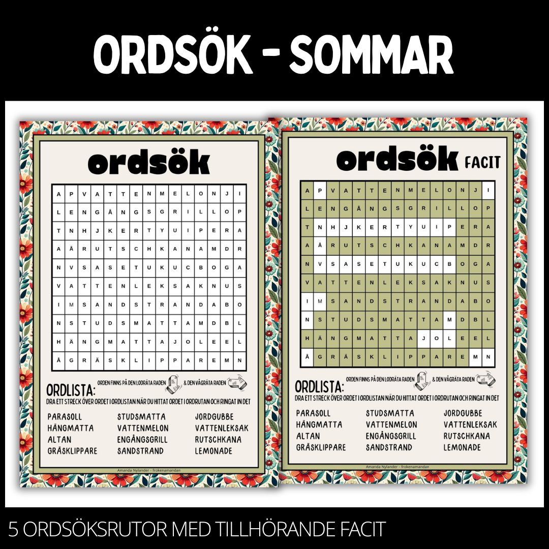 Ordgömmor – svår - 5 st med facit – sommar – 1