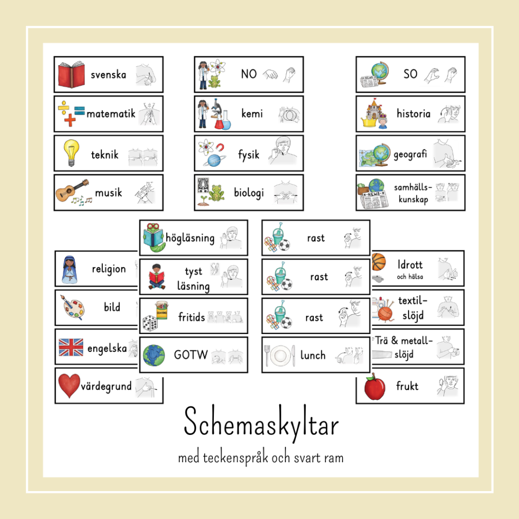 Schemabilder med teckenspråk, svart ram
