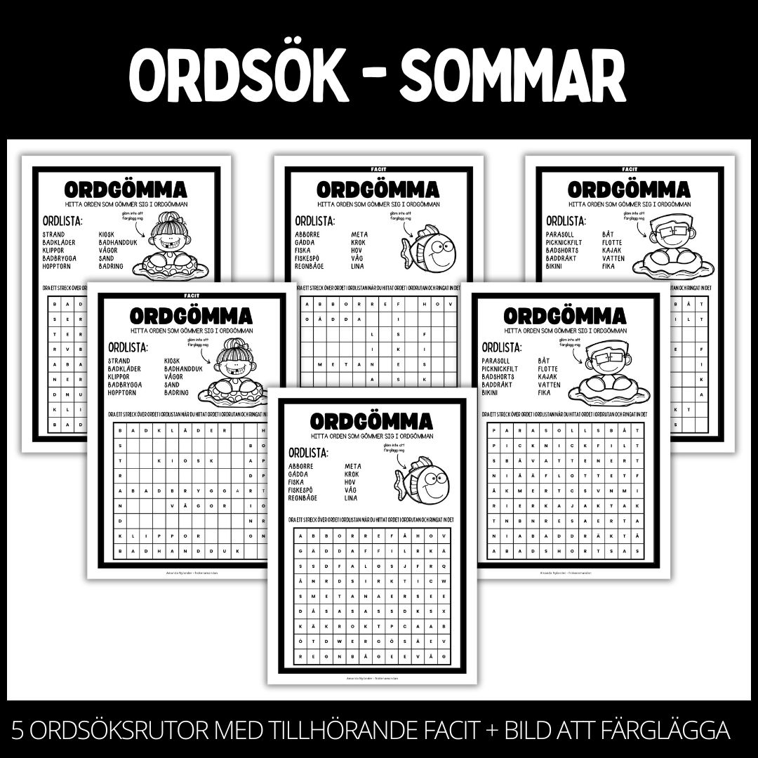 Ordgömmor – 5 st med facit samt en bild att måla