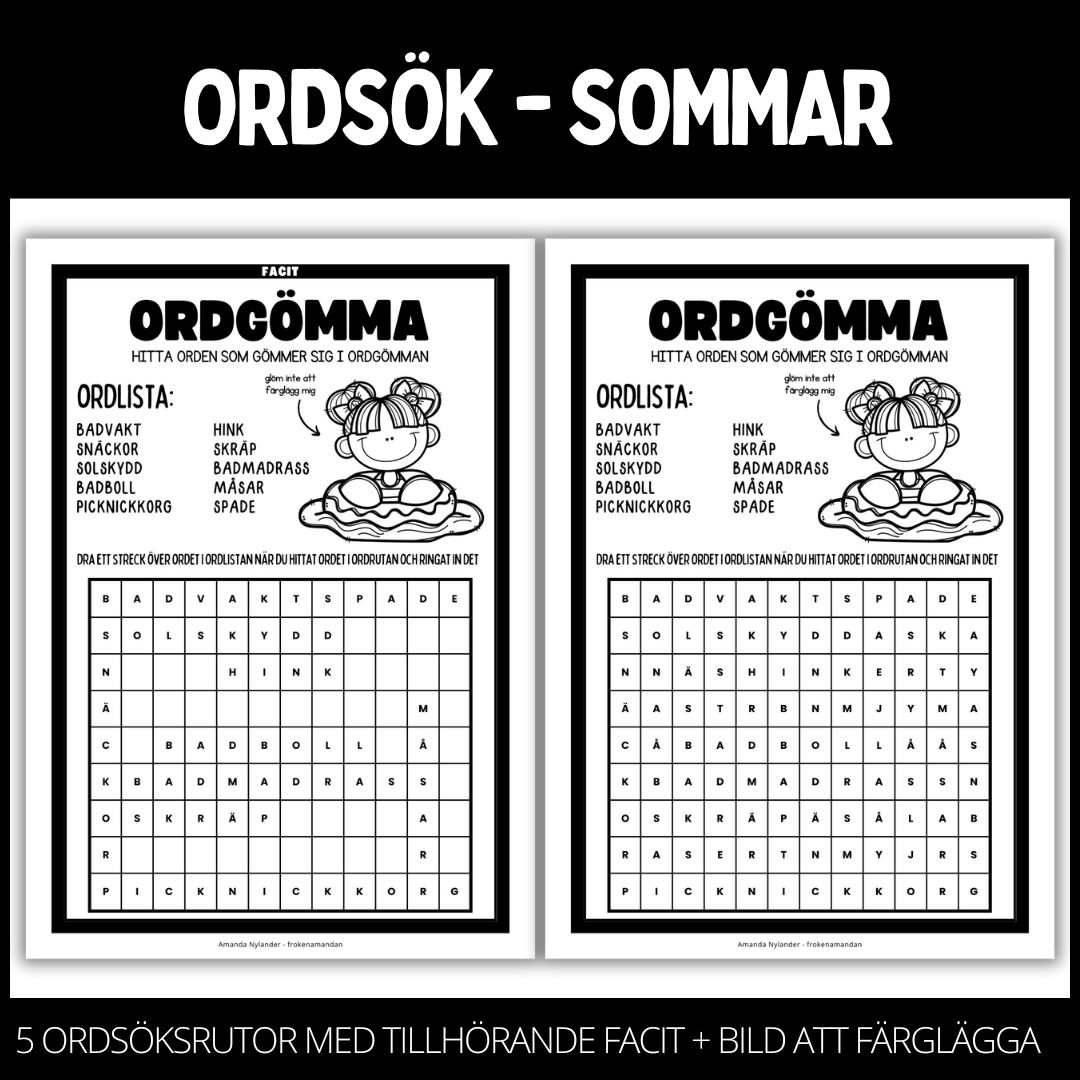 Ordgömmor – 5 st med facit samt en bild att måla