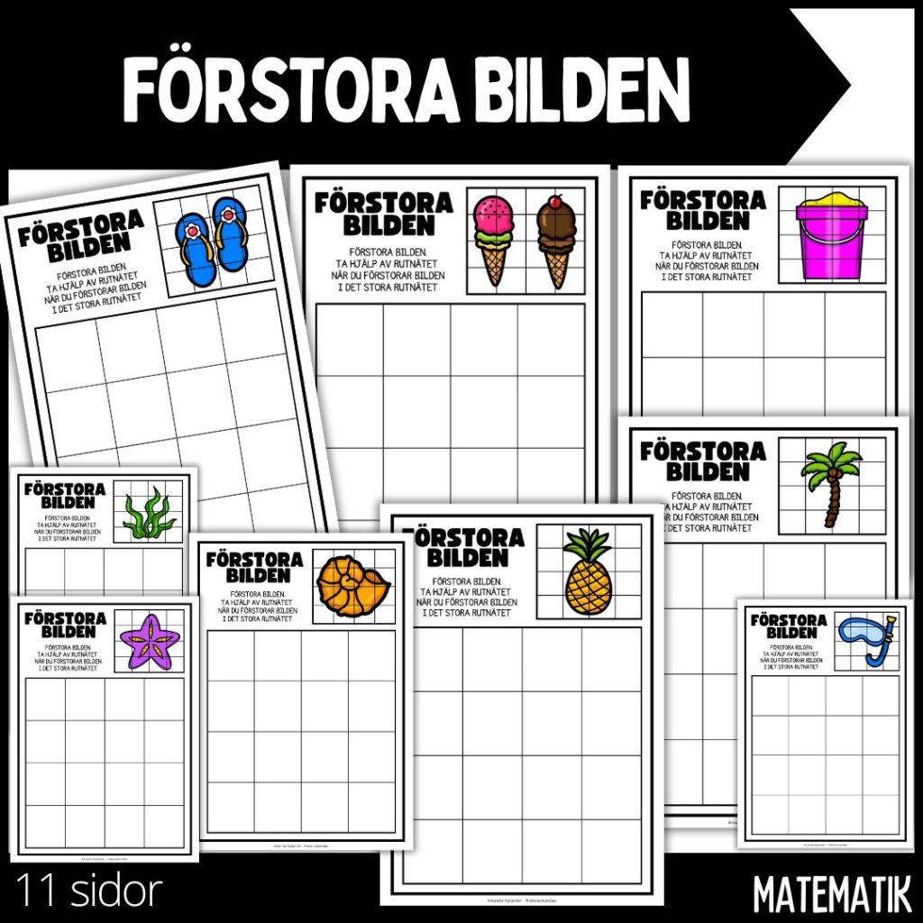 Förstora bilden – rita & färglägg – 11 sidor