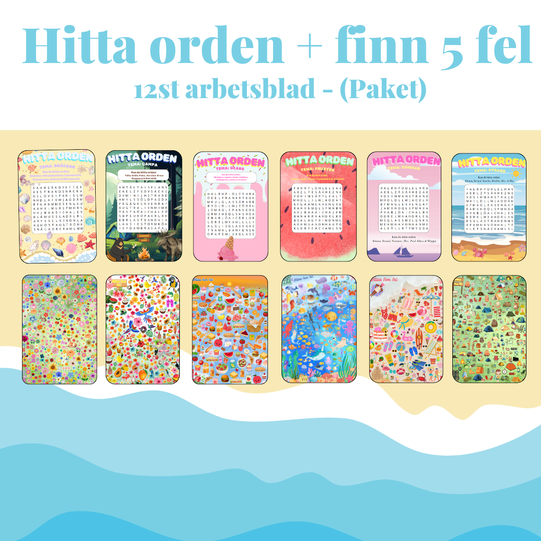 Hitta orden & finn fem fel – Sommartema (paket)