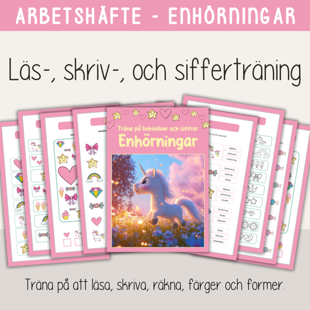 Arbetshäfte bokstäver och siffror – Tema Enhörningar