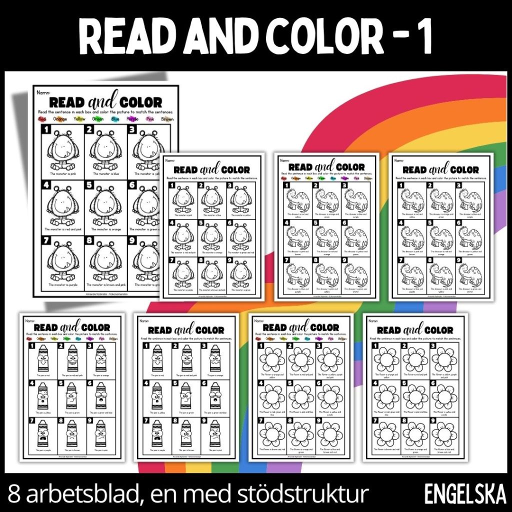 Read and color – lätt – 8 arbetsblad – 1