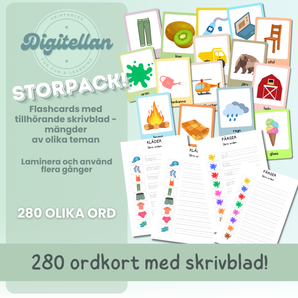 Ordkort Flashcards 280 olika ord med tillhörande skrivblad