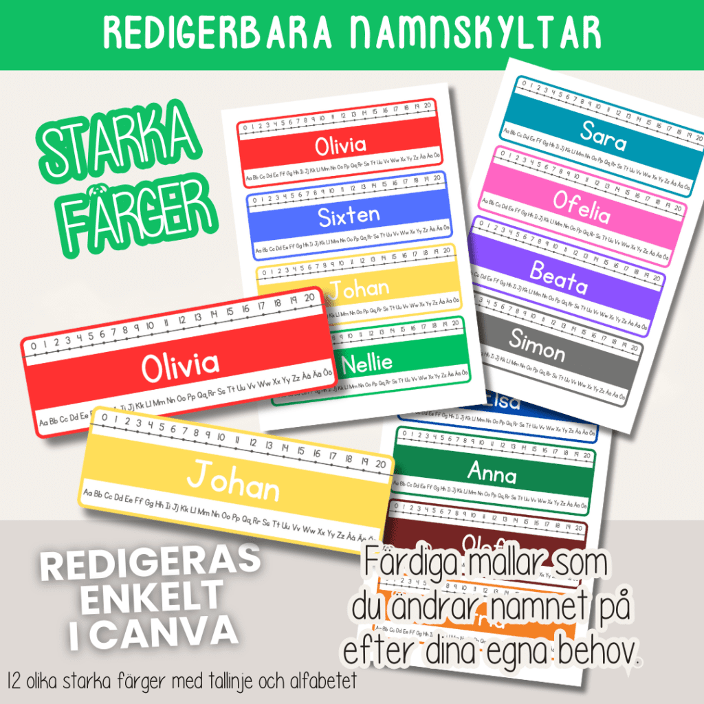 Skolstart – Redigerbara namnskyltar – Starka färger -klassrumsdekor