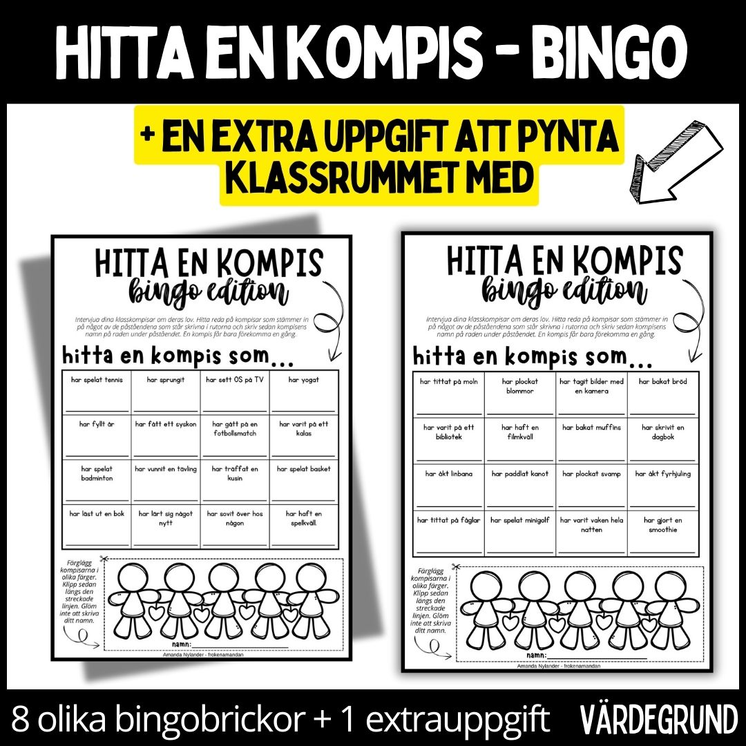Hitta en kompis - bingo - 8 bingobrickor + 1 extra bilduppgift att pynta klassrummet med