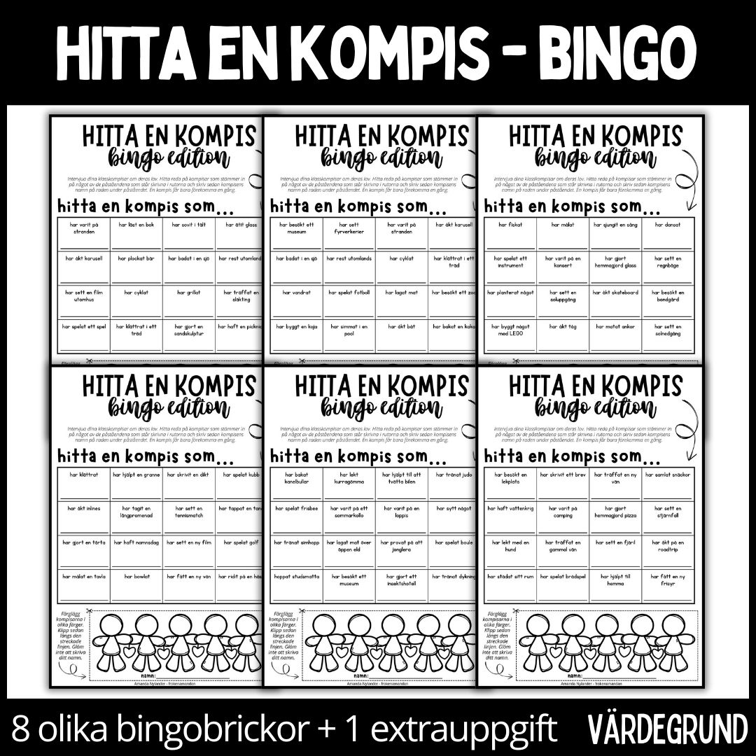 Hitta en kompis - bingo - 8 bingobrickor + 1 extra bilduppgift att pynta klassrummet med
