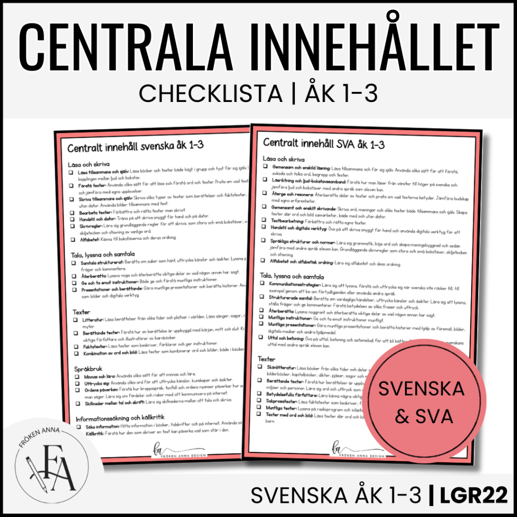 CHECKLISTA över det Centrala innehållet åk 1-3 på ett elevnära språk: Svenska & SVA