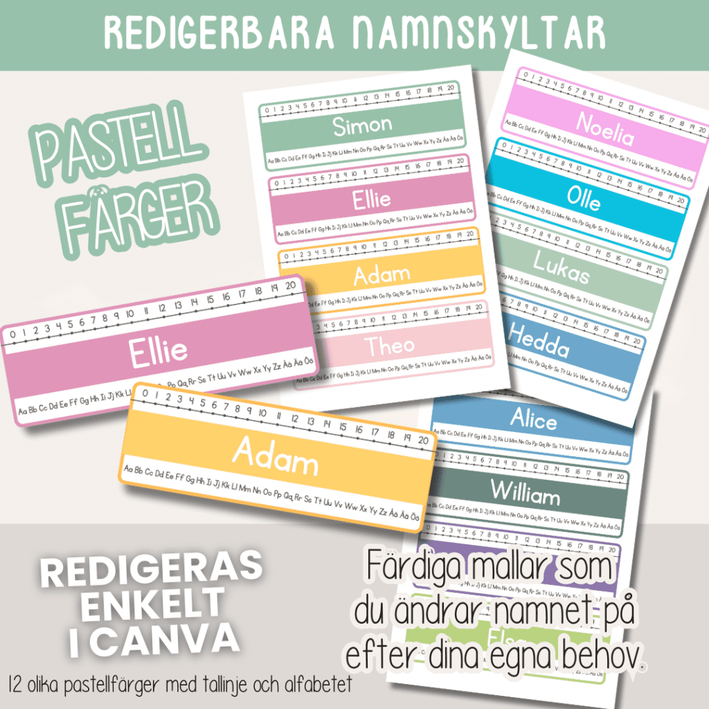 Skolstart – Redigerbara namnskyltar – Pastell – Klassrumsdekor