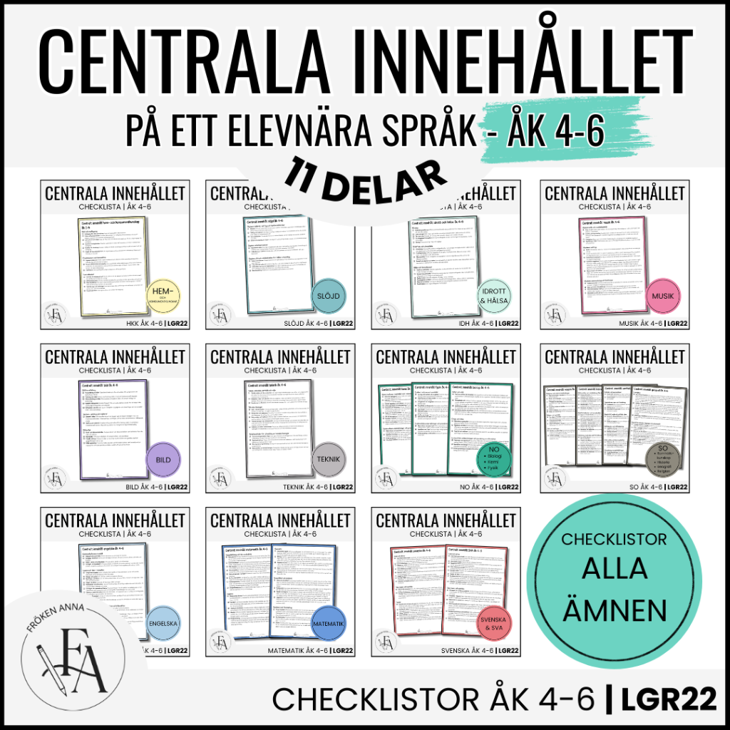 PAKET: CHECKLISTOR över det Centrala innehållet åk 4-6 på ett elevnära språk: ALLA ÄMNEN