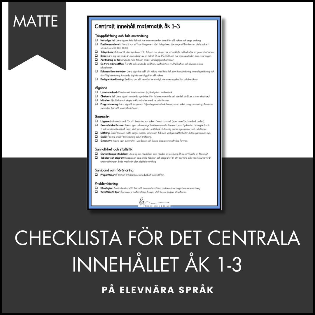 PAKET: CHECKLISTOR över det Centrala innehållet åk 1-3 på ett elevnära språk: ALLA ÄMNEN