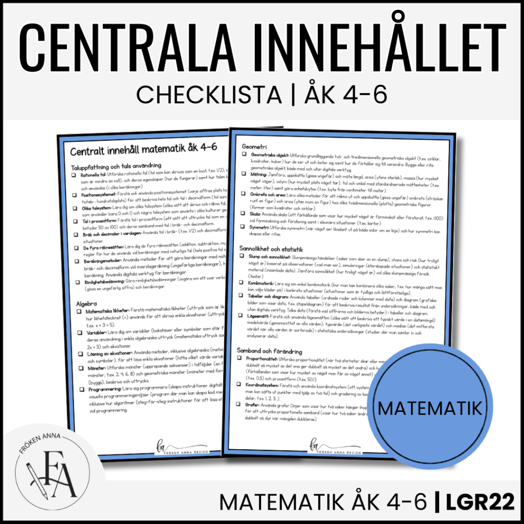 CHECKLISTA över det Centrala innehållet åk 4-6 på ett elevnära språk: matematik