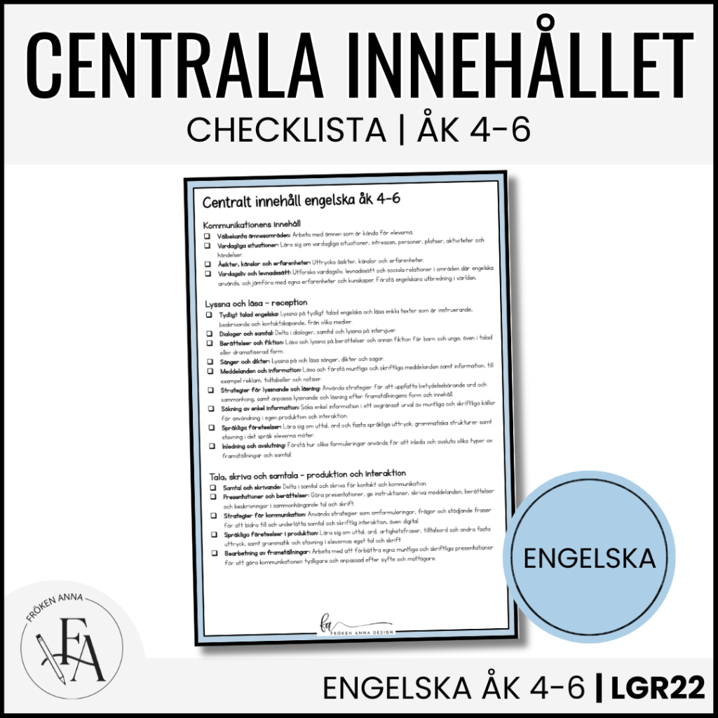 CHECKLISTA över det Centrala innehållet åk 4-6 på ett elevnära språk: Engelska