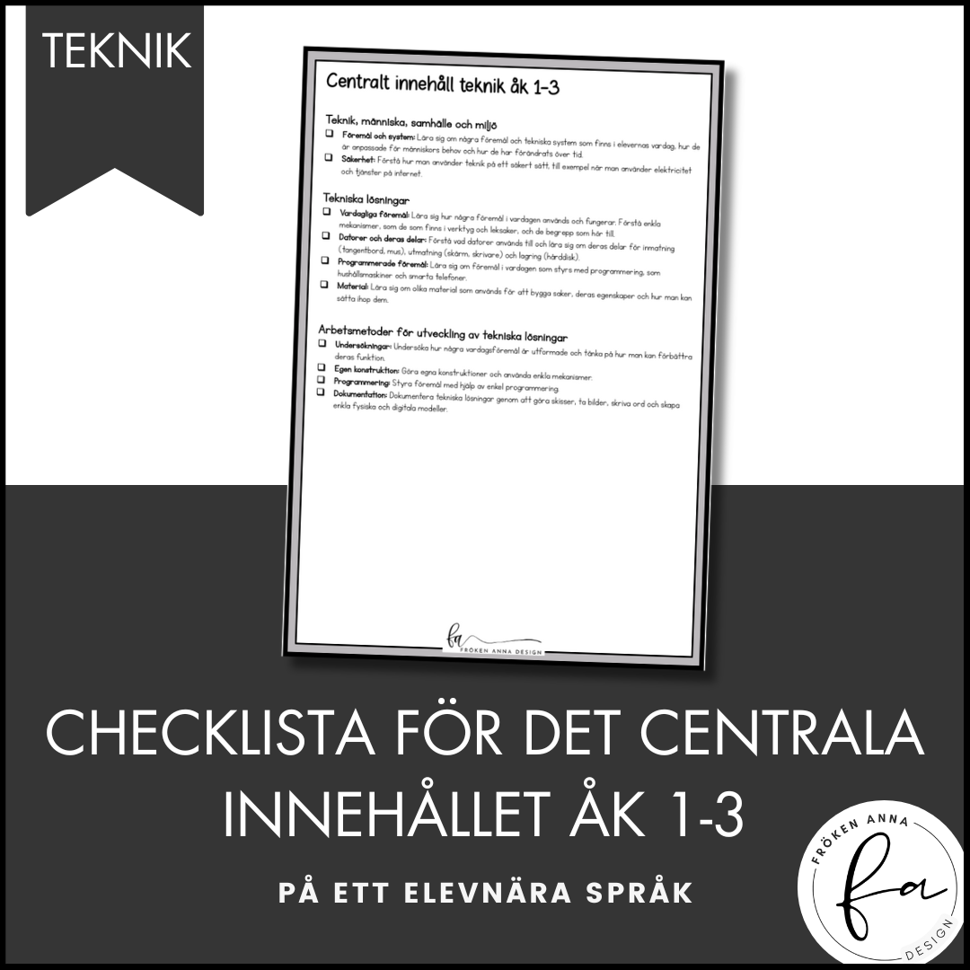 CHEKLISTA över det Centrala innehållet åk 1-3 på ett elevnära språk: teknik