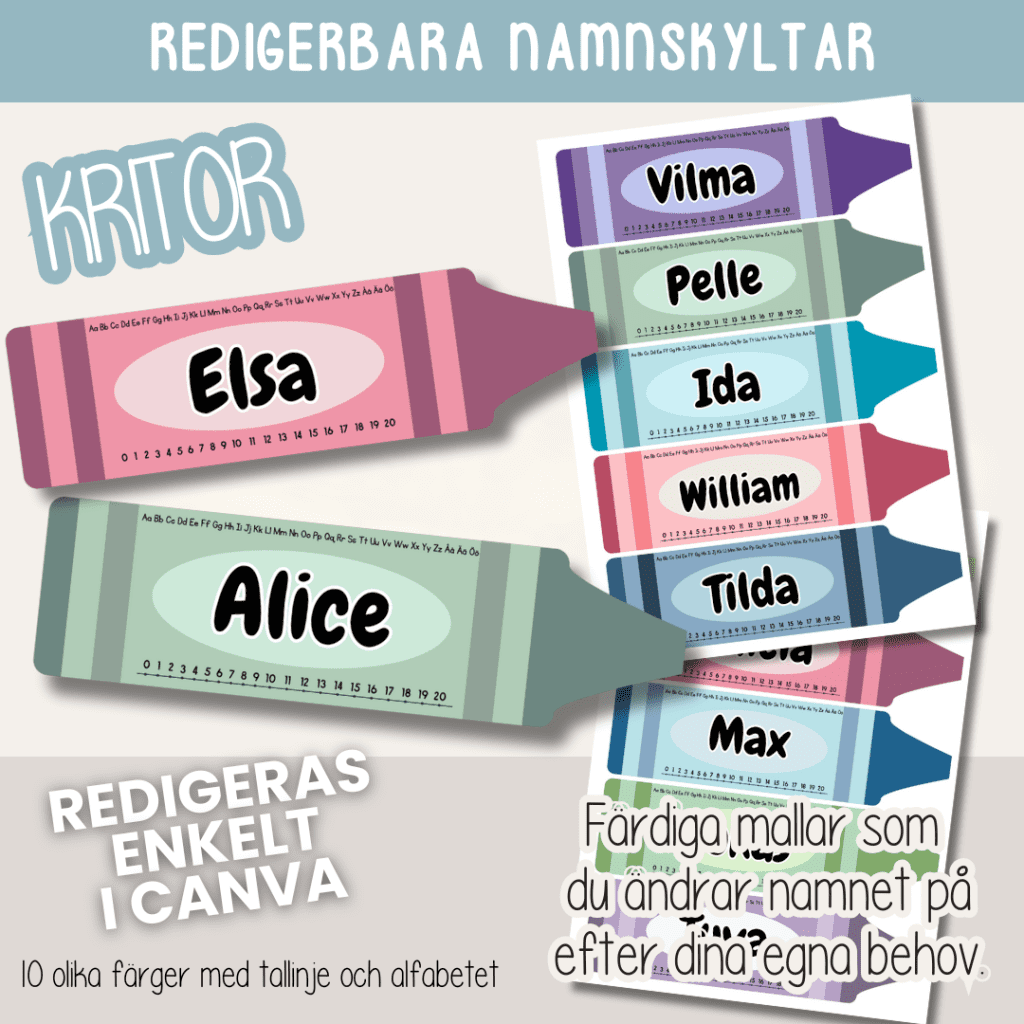 Skolstart- Redigerbara namnskyltar – Kritor – klassrumsdekor