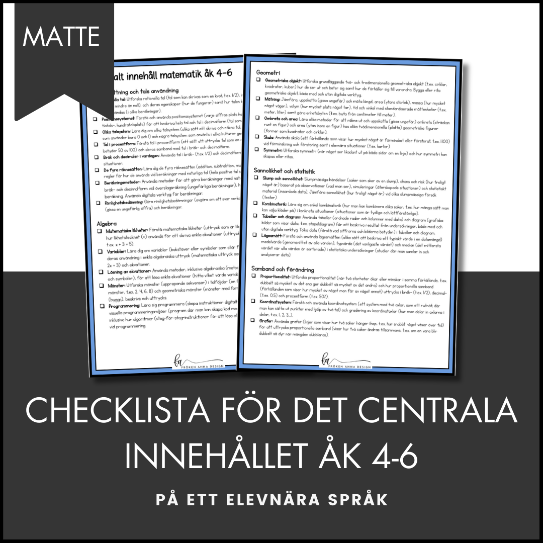 PAKET: CHECKLISTOR över det Centrala innehållet åk 4-6 på ett elevnära språk: ALLA ÄMNEN