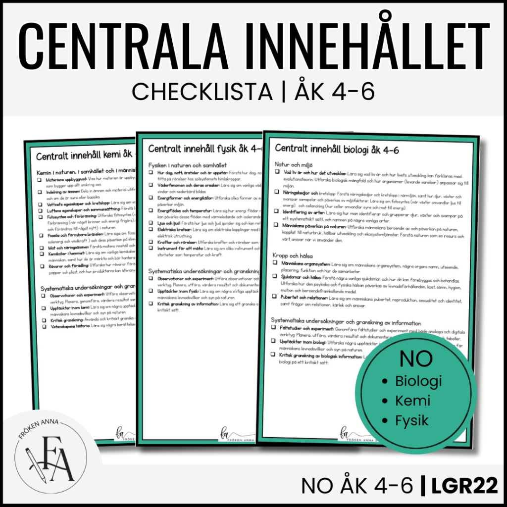 CHEKLISTA över det Centrala innehållet åk 4-6på ett elevnära språk: NO