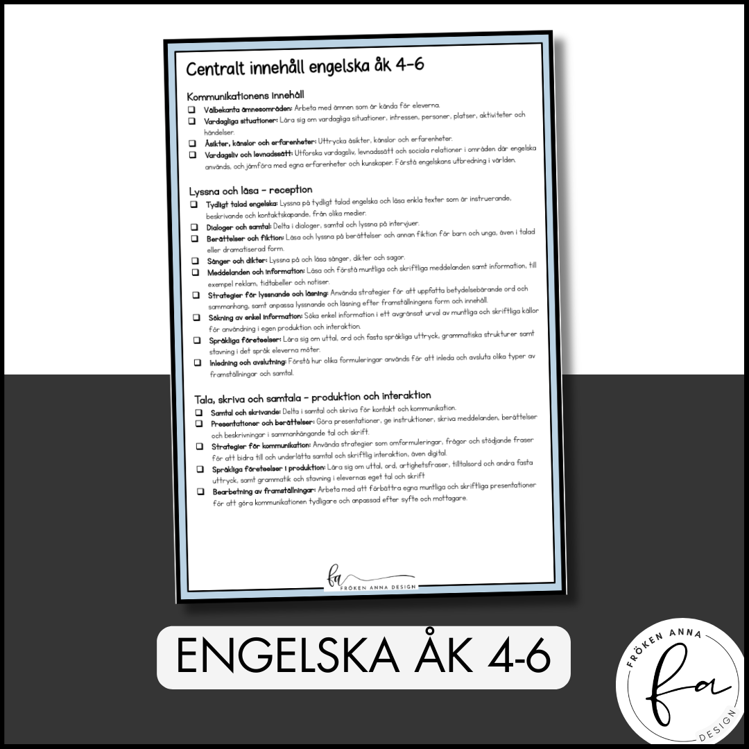 CHECKLISTA över det Centrala innehållet åk 4-6 på ett elevnära språk: Engelska