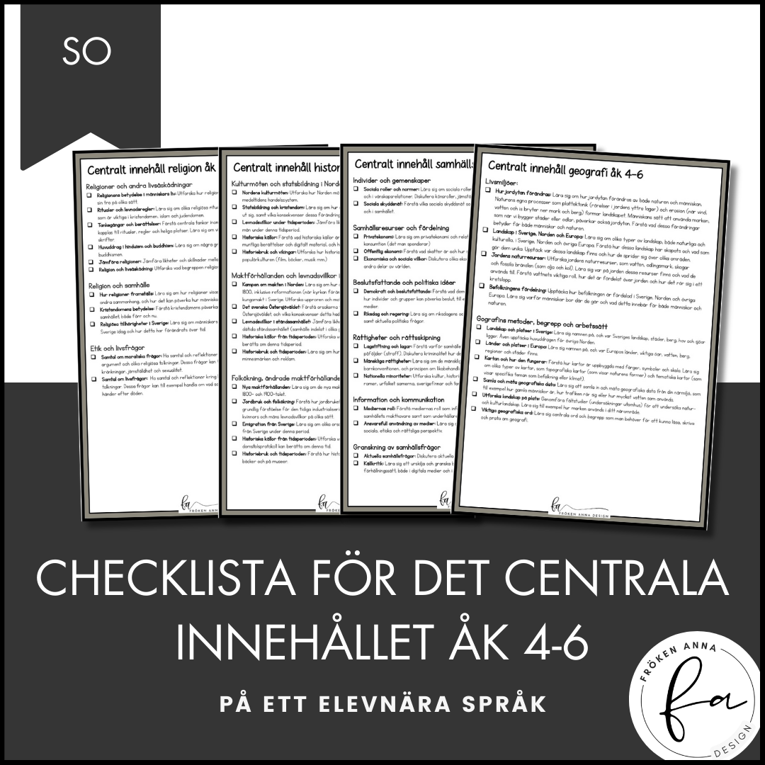PAKET: CHECKLISTOR över det Centrala innehållet åk 4-6 på ett elevnära språk: ALLA ÄMNEN
