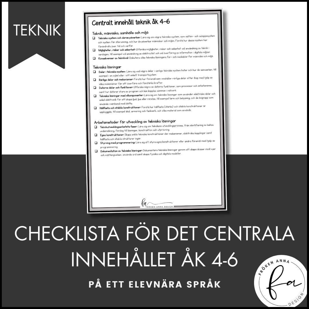 CHEKLISTA över det Centrala innehållet åk 4-6 på ett elevnära språk: teknik