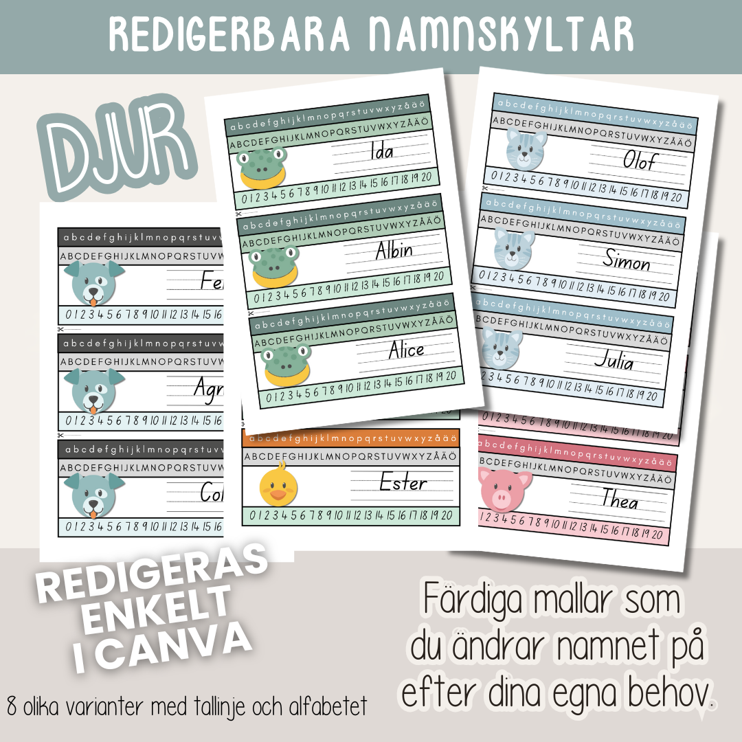 Skolstart - Redigerbara namnskyltar - Djur - Klassrumsdekor