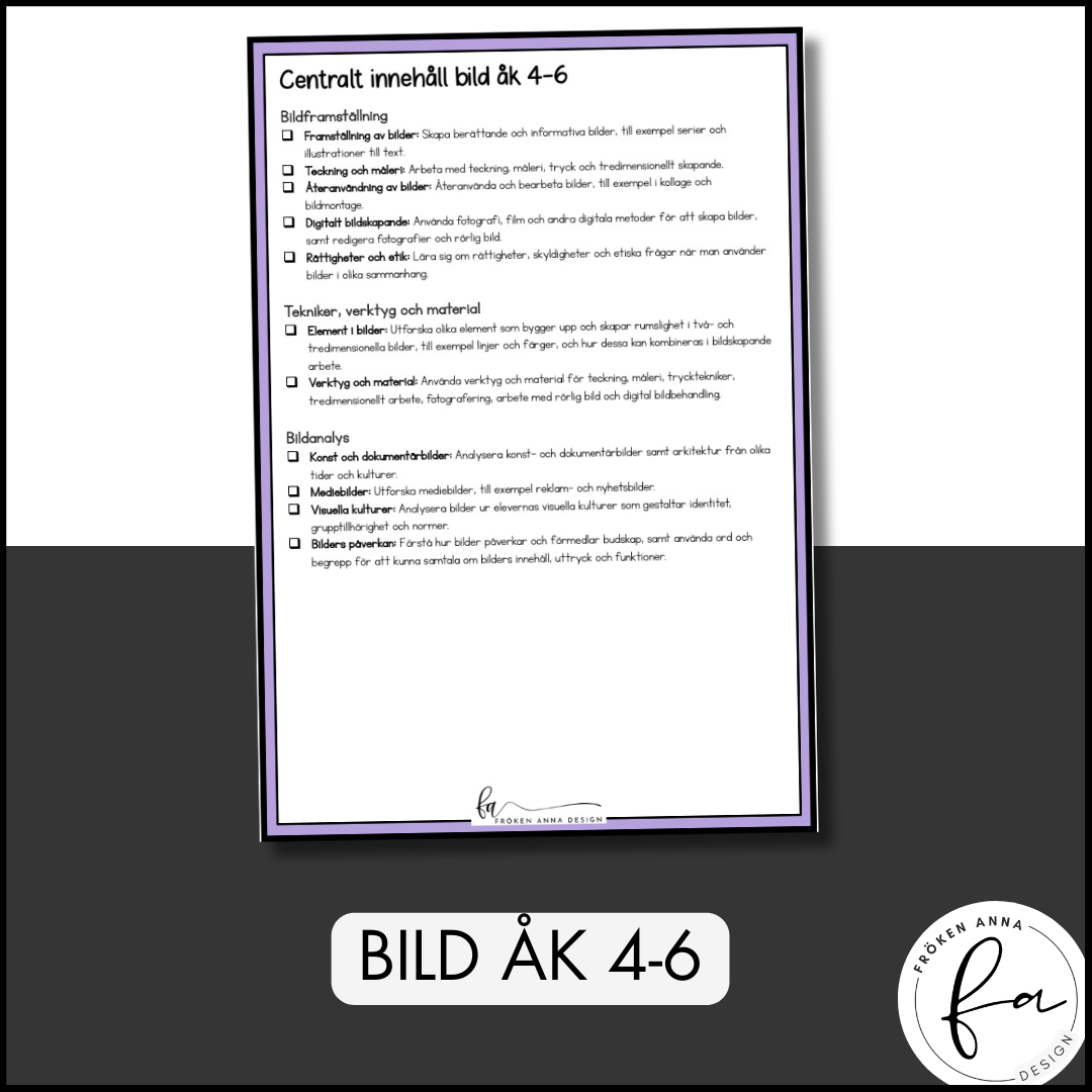 CHECKLISTA över det Centrala innehållet åk 4-6 på ett elevnära språk: bild