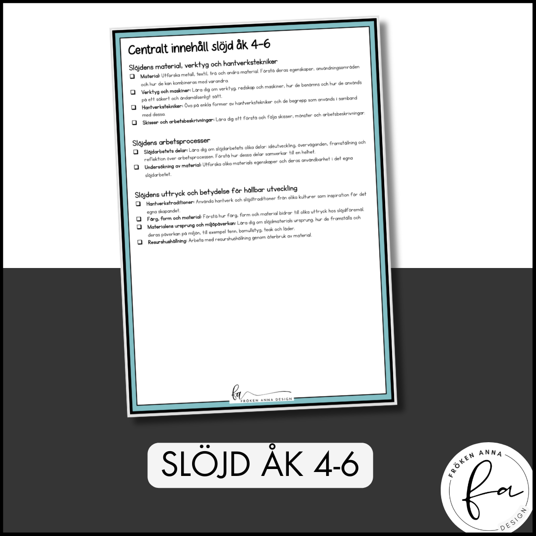 CHECKLISTA över det Centrala innehållet åk 4-6 på ett elevnära språk: slöjd