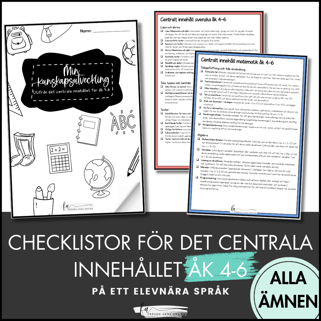 PAKET: CHECKLISTOR över det Centrala innehållet åk 4-6 på ett elevnära språk: ALLA ÄMNEN