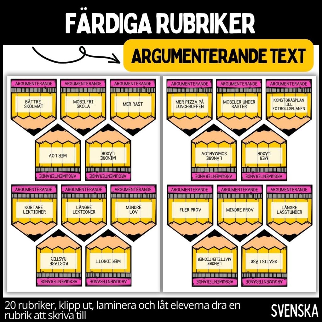 Färdiga rubriker – argumenterande text – 20 st