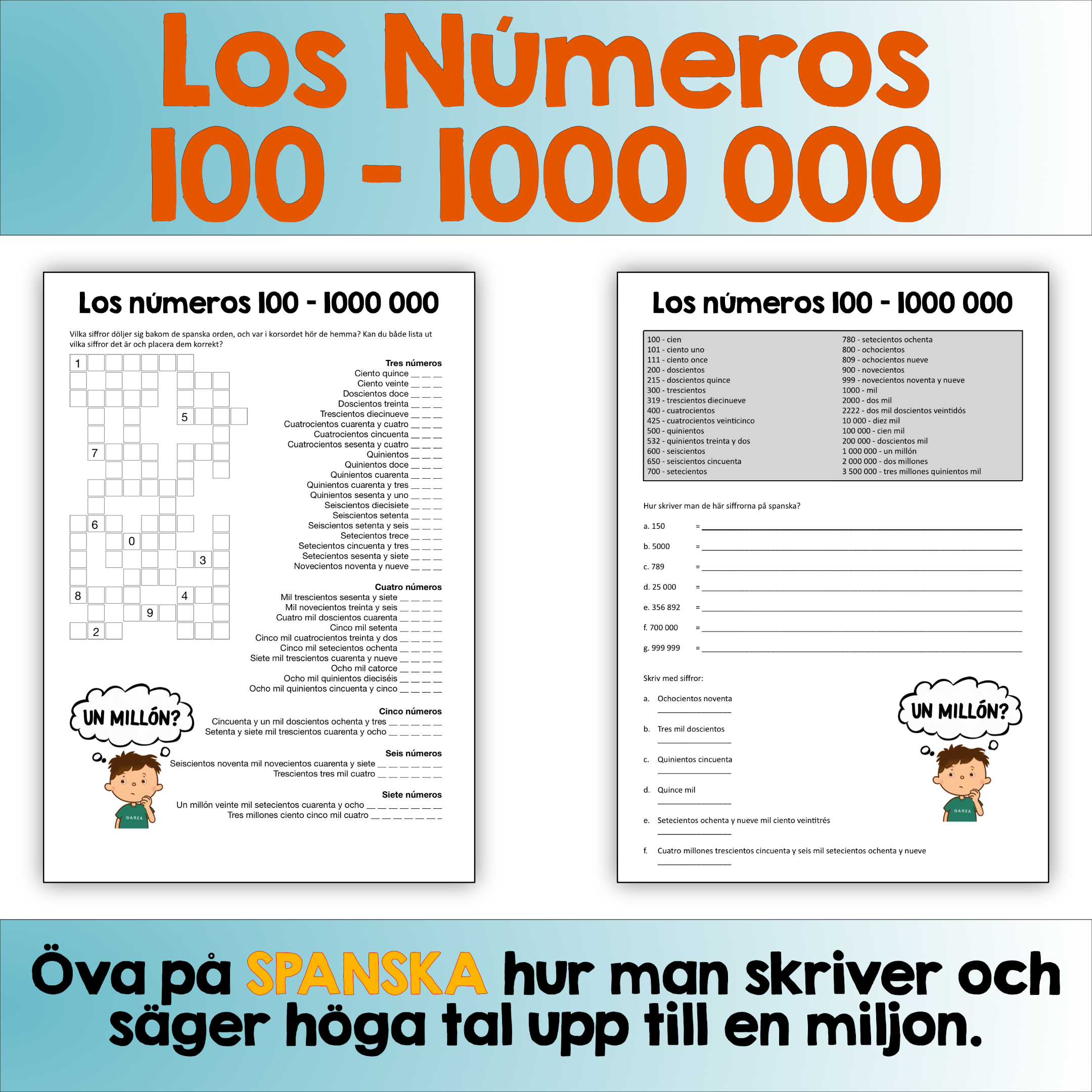Spanska siffrorna 100 - 1000000 arbetsblad