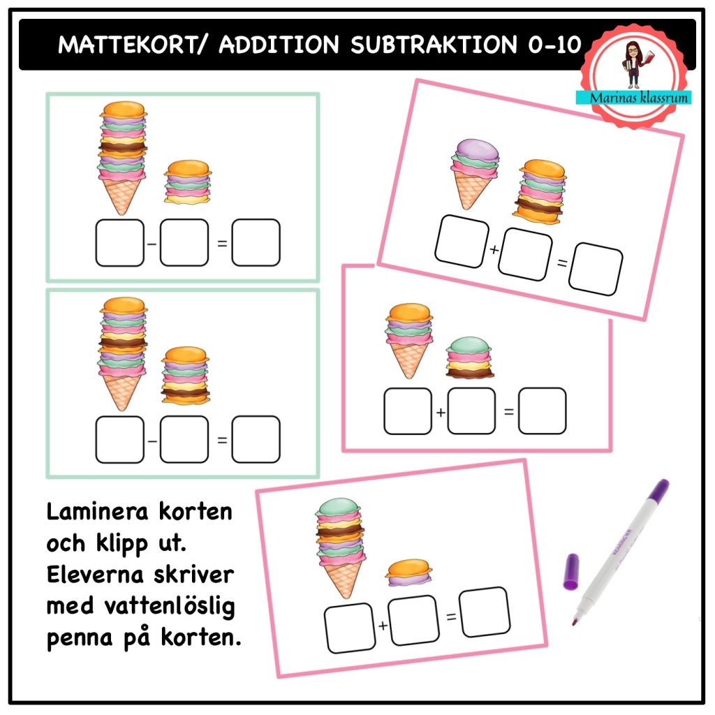 Matte-kort addition och subtraktion 0-10