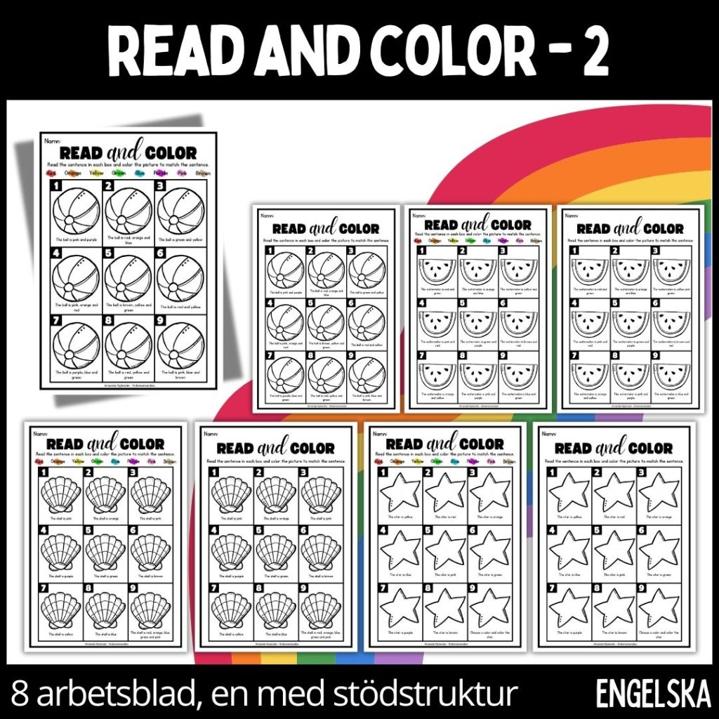 Read and color – lätt – 8 arbetsblad – 2