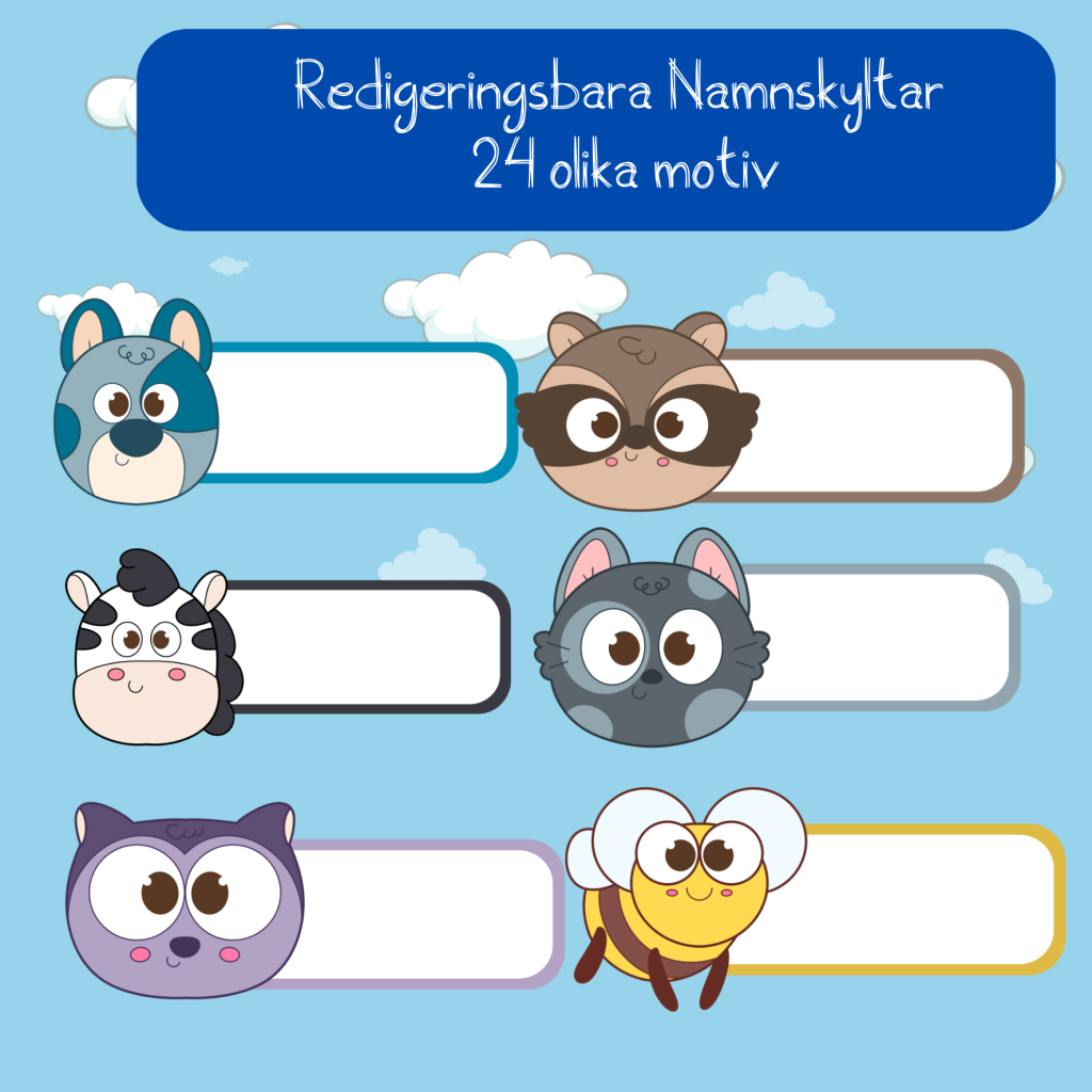 Namnskyltar redigeringsbara 24 olika motiv